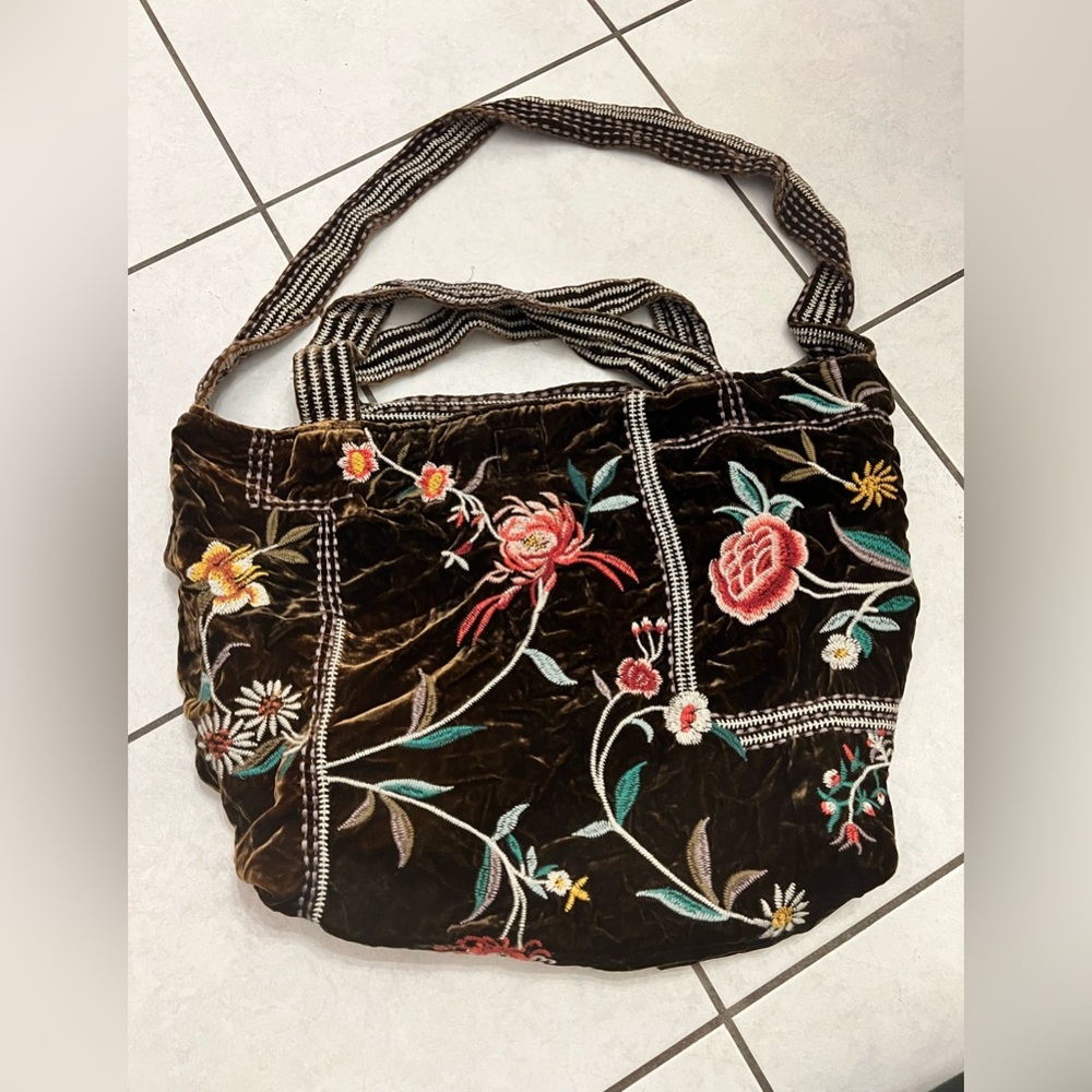 Johnny Was Floral Embroidered Velvet Shoulder Bag